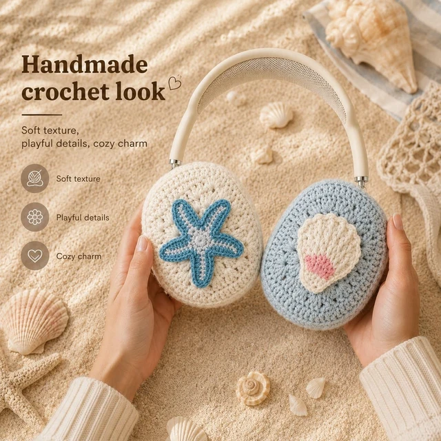 Alt view image 3 of 5 - Handmade Airpods Max Cover - Apple Headphone Cover Cute Design Crochet, Airpod Max Ear Covers, Airpod Max Accessories, Apple Max Pro Headphone Covers, Air Pod Max Stylish Design (Blue Starfish)