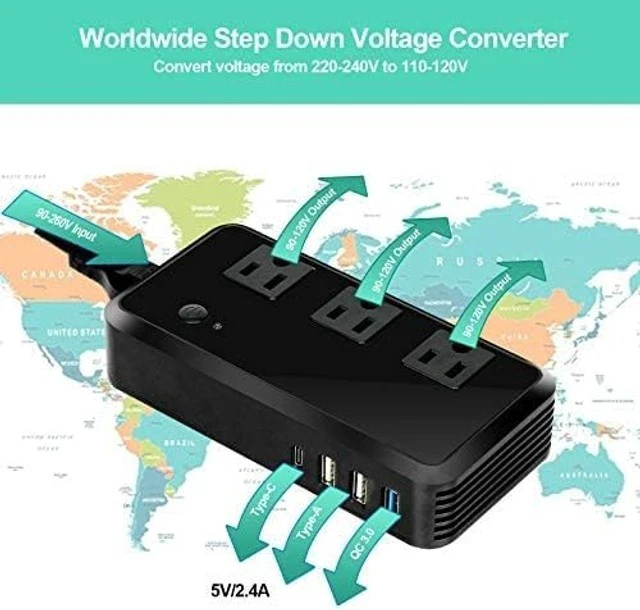 Alt view image 4 of 5 - 2300W Voltage Converter 220V to 110V Universal Travel Adapter/Power Converte with 3 USB Ports 3 AC Outlets 1 Type-C in EU/UK/AU/US/IT/South Africa More Than 150 Countries Over The World