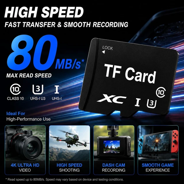 Alt view image 3 of 5 - 64GB TF Memory Card with Adapter U3 V30 High Speed SD Card, 2 Pack