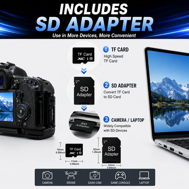Alt view image 5 of 5 - 64GB TF Memory Card with Adapter U3 V30 High Speed SD Card, 2 Pack