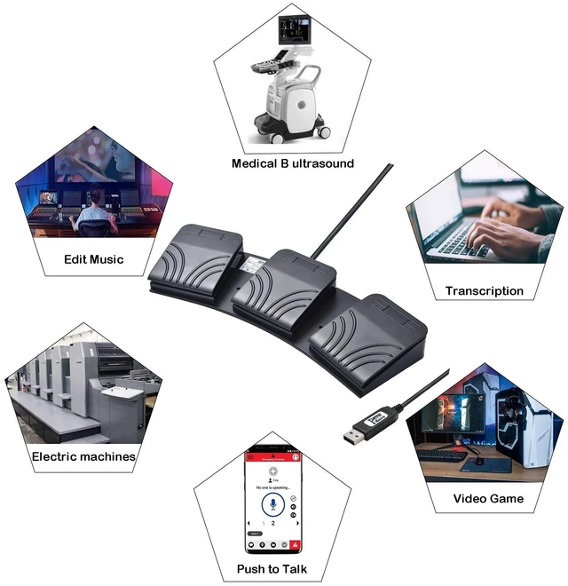 Alt view image 2 of 5 - Powboro USB Foot Switch Triple 3 Pedal Control Custom Program PC Computer Keyboard Map Multimedia Key Photoelectric Optical Switch Transcription HID for PC Video Game,Push to Talk