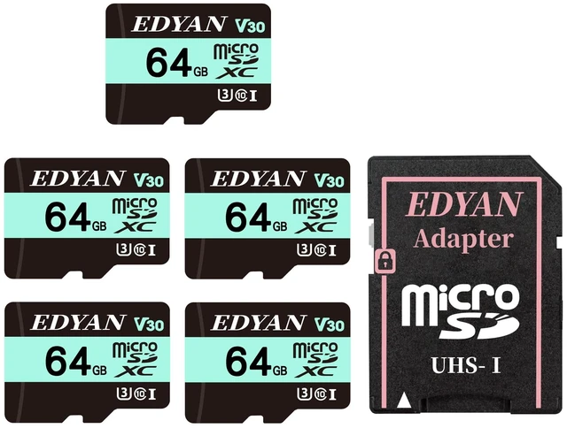 Main image of EDYAN 64GB Micro SD Card 5-Pack, 95MB/s, U3 V30, 4K Video Security Camera