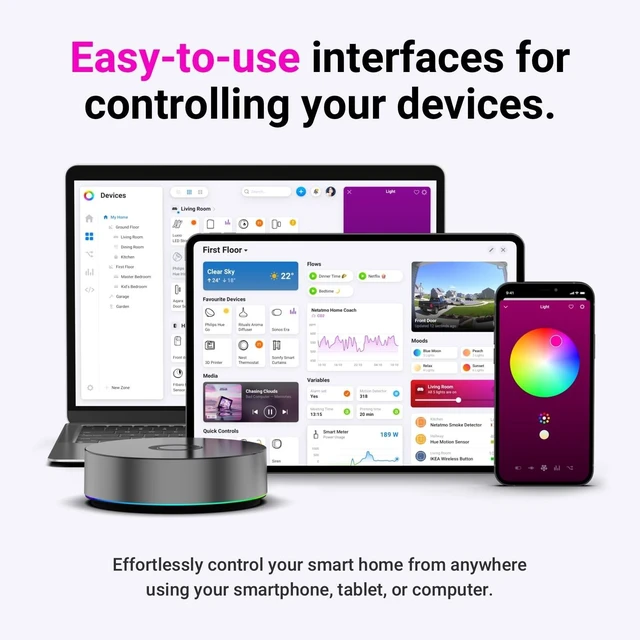 Alt view image 3 of 5 - Homey Pro (2026) ^^ Smart Hub for Home Automation Features Z-Wave Plus, Zigbee, Wi-Fi, BLE, Infrared, Matter & Thread. Compatible with Siri, Alexa & Google Home.
