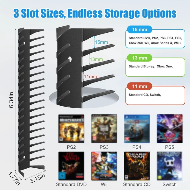 Alt view image 4 of 5 - Xykzra 6 Pack DVD Shelf for Wall Mount, Floating Metal DVD Rack and Video Game Storage for Standard DVD CD Cases, Heavy-Duty Media Organizer Holder for PS, Xbox, PS5, PS4, Holds up to 114
