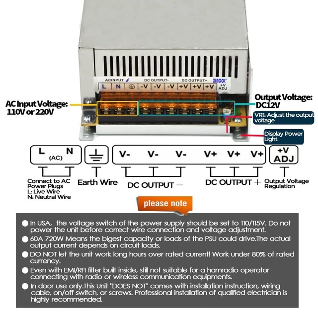 Alt view image 5 of 5 - XINCOL AC to DC Converter AC110V/220V to DC24V 30A 720W Switching Power Supply Transformer Regulated for LED Strip Light,CCTV,Camera,Computer Project etc
