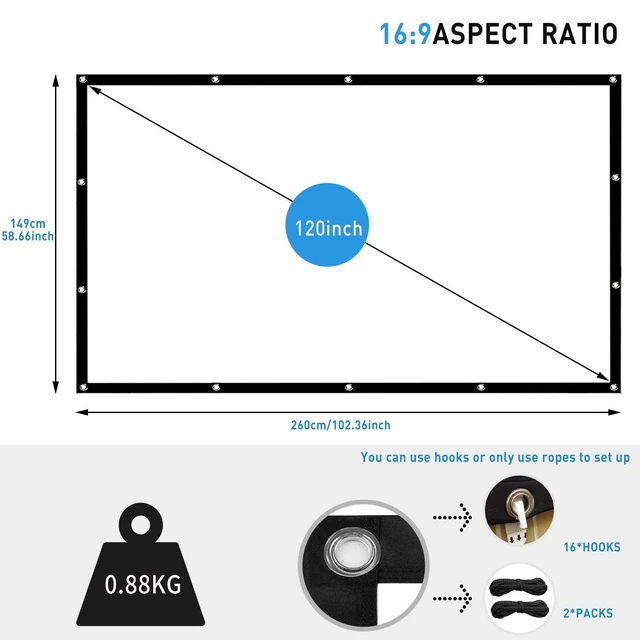 Alt view image 5 of 5 - Yisigal 120 Inches Projector Screen,16:9 HD 4K Foldable Anti-Crease Portable Projector Movies Screen for Home Theater Outdoor Indoor Support Double Sided Projection (120Inch)