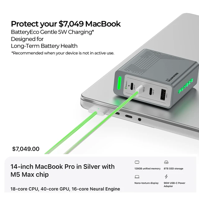 Alt view image 4 of 5 - PHYSCE 100W 4-Port GaN Charger, Sustained 95100W Output for Local AI, 4-Port Charging Station, 360 RGB Status Light, One-Tap Control, Foldable Plug, for MacBook Pro 14, iPhone 18 Pro Max PD 3.2 AVS