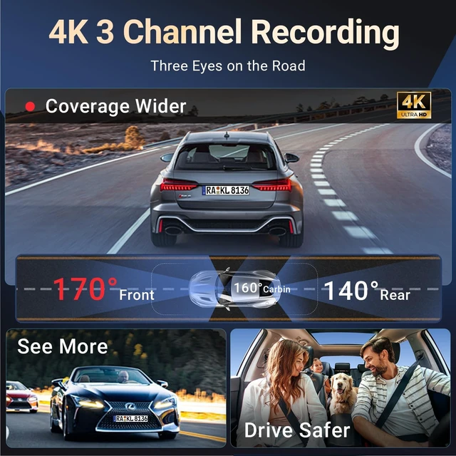 Alt view image 2 of 5 - 4K Dash Cam Front and Rear Inside, 3 Channel Car Dash Camera for Cars