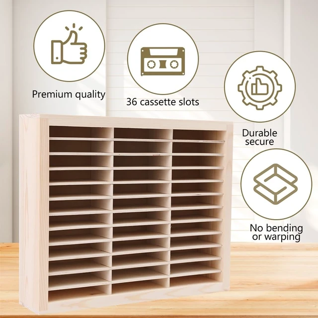 Alt view image 3 of 5 - 36-Slot Wooden Cassette Tape Organizer, Cassette Tape Storage Wall Mount or Freestanding