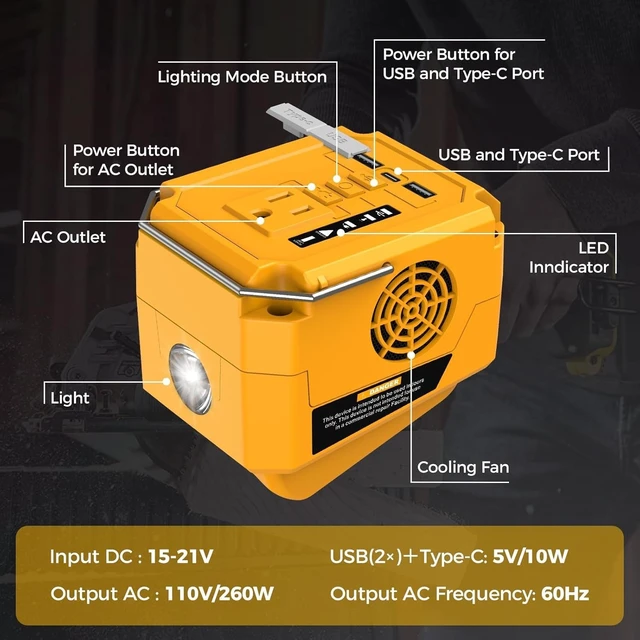 Alt view image 4 of 5 - 260W Portable Power Inverter for Dewalt 20V Max Battery