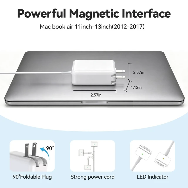 Alt view image 5 of 5 - 45W Mac Book Air Charger Magnetic T-Tip Power Adapter (Between 2012-2017)