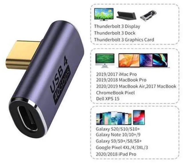 Alt view image 4 of 7 - Vszerda USB4 Type C Male to Female Low Profile Right Angled 100W Power Data 8K Video Adapter 40Gbps for Laptop Phone