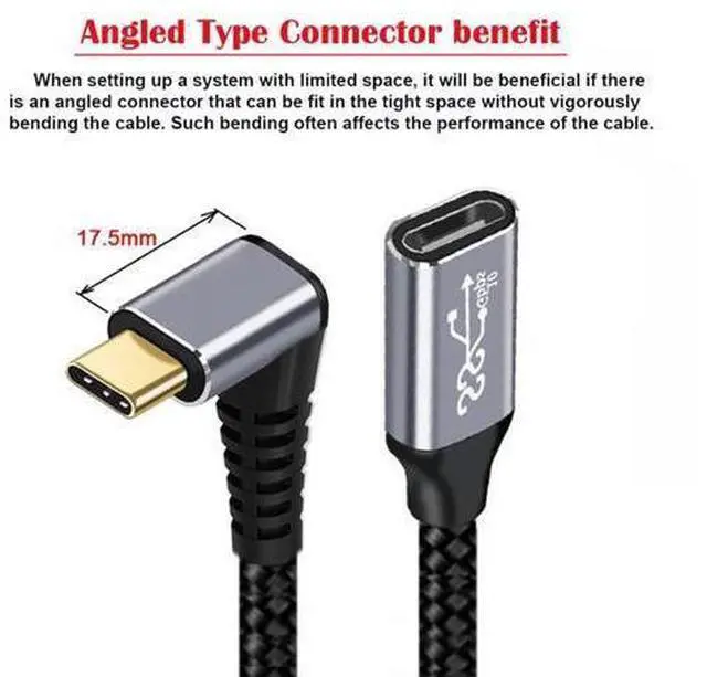 Alt view image 3 of 7 - Vszerda Down & Up Angled USB-C USB 3.1 Type C Male to Female Extension Data Cable 10Gbps 100W with Sleeve for Laptop 0.2m