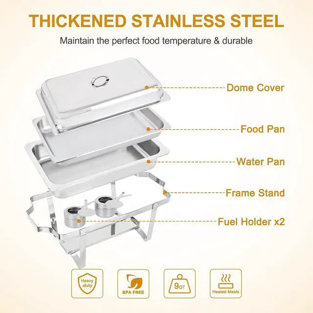 Alt view image 4 of 7 - Chafing Dish Buffet Set 9 Qt Stainless Steel Complete Chafer Set Catering Warmer Set with Water Pan, Fuel Holder for Parties, Dinners, Catering, Buffet and Weddings 8 Silver