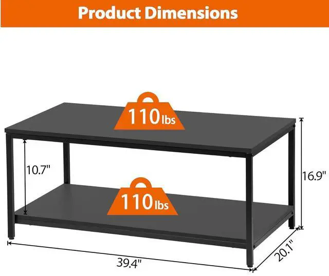 Alt view image 3 of 7 - 39.4in Industrial Coffee Table with Storage Shelf - Vintage Wood Look Rectangle Metal Frame Cocktail Table 2-Tier Tea Table for Small Apartment Living Room Home Office - Black