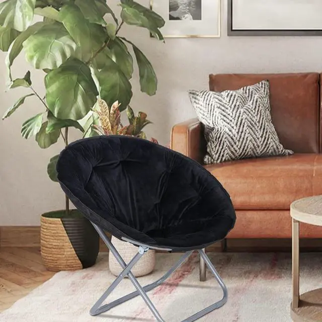 Alt view image 7 of 7 - Folding Faux Fur Moon Chair Soft Plush Lounge Chair Moon Chair with Metal Frame for Bedroom, Living Room, Dorm Rooms, Apartments and Courtyard, Black