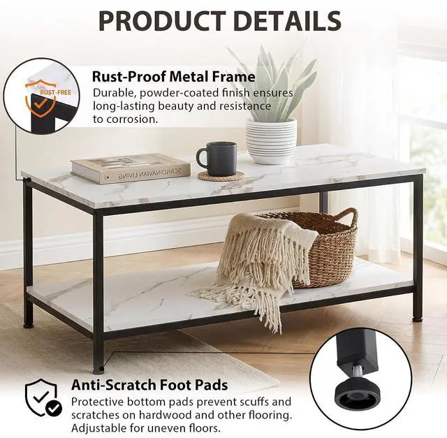 Alt view image 4 of 7 - 39.4in Industrial Coffee Table with Storage Shelf - Vintage Wood Look Rectangle Metal Frame Cocktail Table for Small Apartment Living Room Home Office - White Marble Pattern