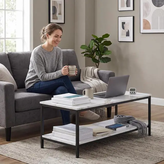Alt view image 2 of 7 - 39.4in Industrial Coffee Table with Storage Shelf - Vintage Wood Look Rectangle Metal Frame Cocktail Table for Small Apartment Living Room Home Office - White Marble Pattern
