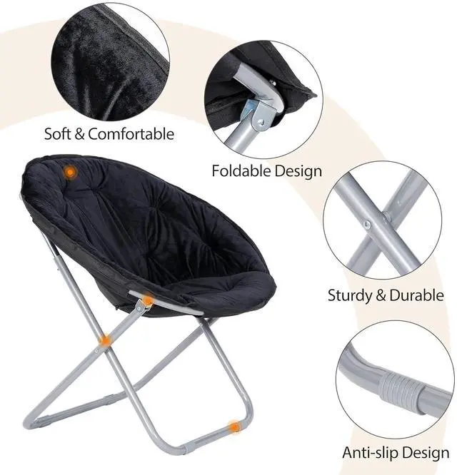 Alt view image 5 of 7 - Folding Faux Fur Moon Chair Soft Plush Lounge Chair Moon Chair with Metal Frame for Bedroom, Living Room, Dorm Rooms, Apartments and Courtyard, Black