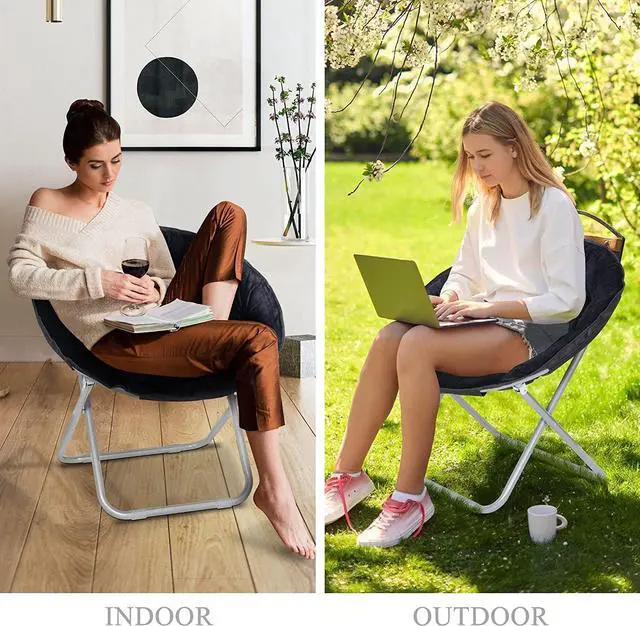 Alt view image 4 of 7 - Folding Faux Fur Moon Chair Soft Plush Lounge Chair Moon Chair with Metal Frame for Bedroom, Living Room, Dorm Rooms, Apartments and Courtyard, Black