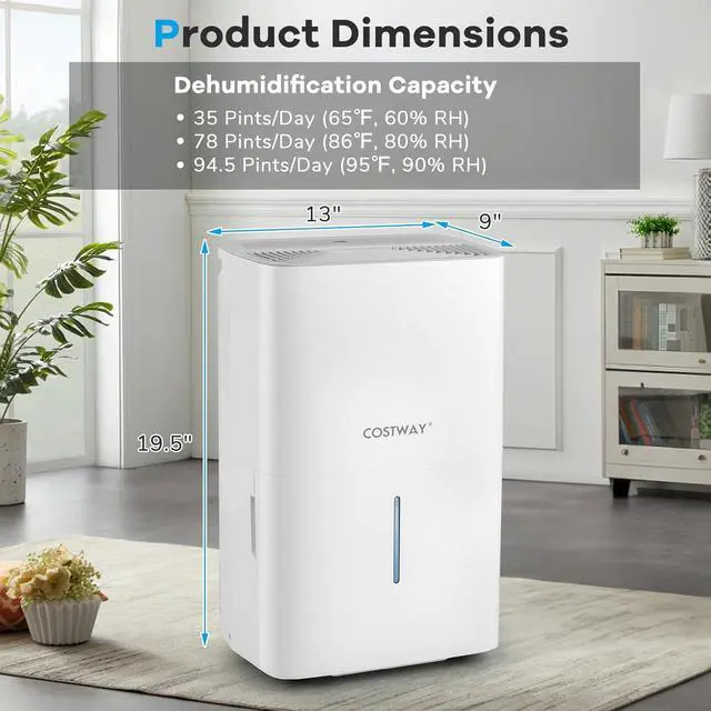 Alt view image 7 of 7 - COSTWAY 94.5 Pints Dehumidifier, 6000 Sq.Ft Portable Large Home Dehumidifier for Basements with 2 Modes & 3 Fan Speeds, 1.4 Gallon Tank