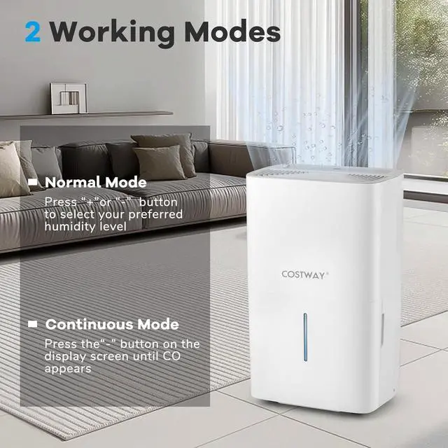 Alt view image 3 of 7 - COSTWAY 94.5 Pints Dehumidifier, 6000 Sq.Ft Portable Large Home Dehumidifier for Basements with 2 Modes & 3 Fan Speeds, 1.4 Gallon Tank