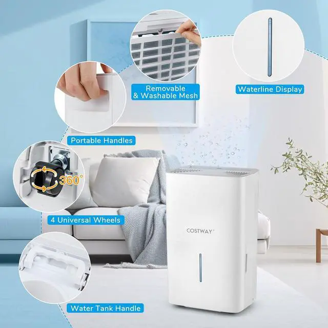 Alt view image 6 of 7 - COSTWAY 94.5 Pints Dehumidifier, 6000 Sq.Ft Portable Large Home Dehumidifier for Basements with 2 Modes & 3 Fan Speeds, 1.4 Gallon Tank