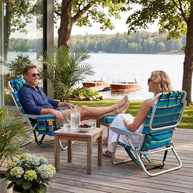 Alt view image 2 of 6 - 2PCS Portable Beach Chair for Adults, Outdoor Lightweight Camping Chair, 5-Position Lay Flat Reclining Backpack Beach Chair with Headrest, Cup Holder, Zipper Pouch & Storage Pocket, Striped