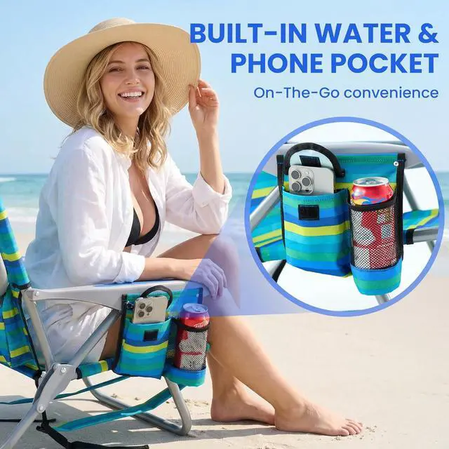 Alt view image 4 of 6 - 2PCS Portable Beach Chair for Adults, Outdoor Lightweight Camping Chair, 5-Position Lay Flat Reclining Backpack Beach Chair with Headrest, Cup Holder, Zipper Pouch & Storage Pocket, Striped