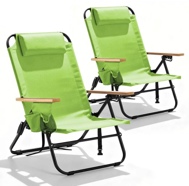 Main image of 2 Pack Premium 5-Position Reclining Camping Chair - Portable Folding Lightweight Outdoor Chair with Wooden Armrests, Headrest & Pockets, 350lbs Heavy Duty for Beach, Patio, Light Green