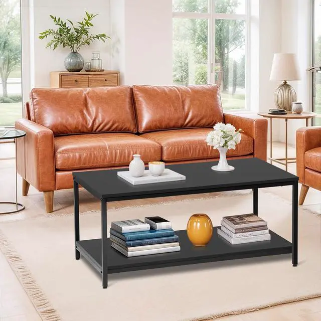 Alt view image 2 of 7 - 39.4in Industrial Coffee Table with Storage Shelf - Vintage Wood Look Rectangle Metal Frame Cocktail Table 2-Tier Tea Table for Small Apartment Living Room Home Office - Black