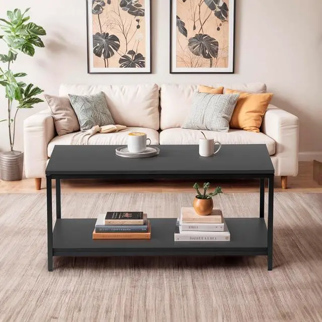 Alt view image 5 of 7 - 39.4in Industrial Coffee Table with Storage Shelf - Vintage Wood Look Rectangle Metal Frame Cocktail Table 2-Tier Tea Table for Small Apartment Living Room Home Office - Black