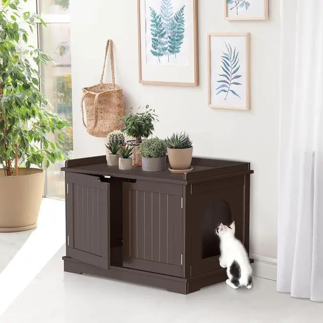 Alt view image 2 of 7 - Hidden Cat Litter Box Enclosure - Cat Litter Box Furniture Table Nightstand (Coffee)