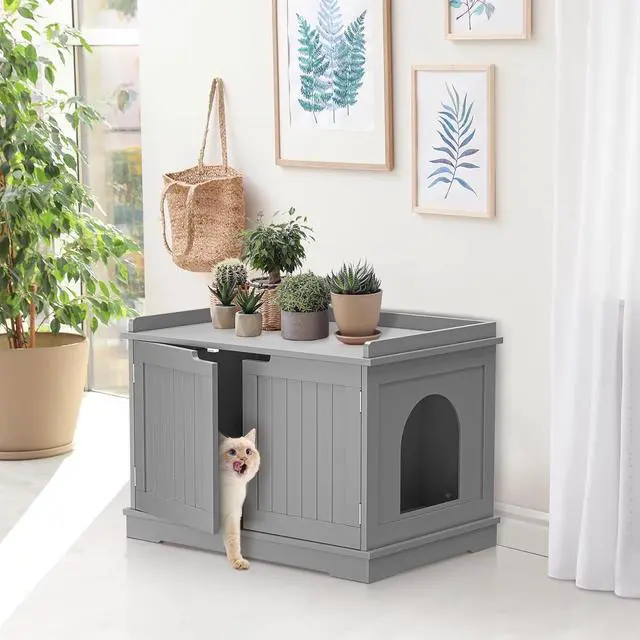 Alt view image 2 of 7 - Hidden Cat Litter Box Enclosure - Cat Litter Box Furniture Table Nightstand (Grey)