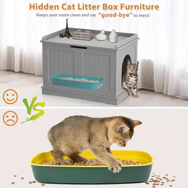 Alt view image 5 of 7 - Hidden Cat Litter Box Enclosure - Cat Litter Box Furniture Table Nightstand (Grey)