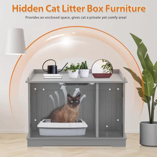 Alt view image 6 of 7 - Hidden Cat Litter Box Enclosure - Cat Litter Box Furniture Table Nightstand (Grey)