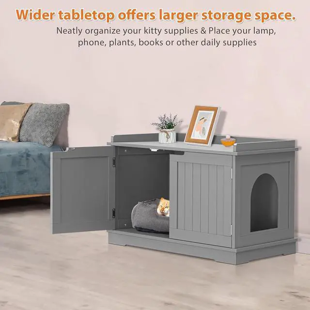 Alt view image 7 of 7 - Hidden Cat Litter Box Enclosure - Cat Litter Box Furniture Table Nightstand (Grey)