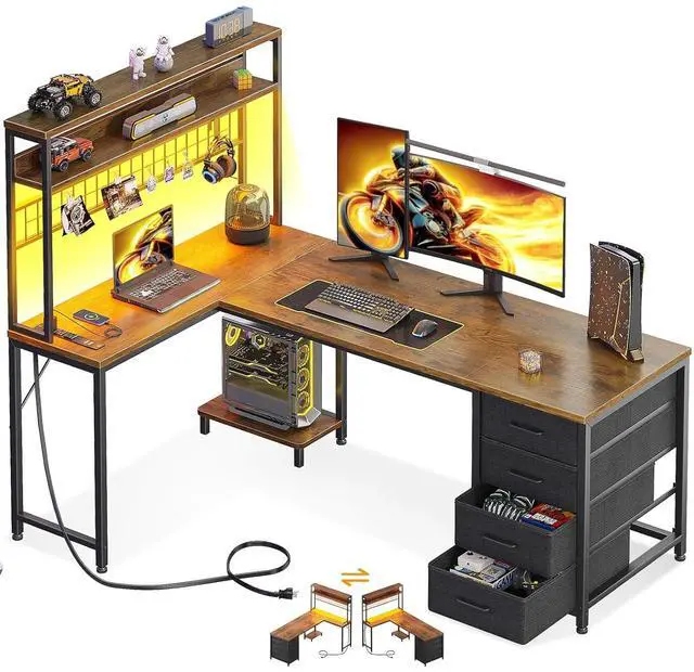 Main image of AODK L Shaped Desk Gaming Desk with LED Light & Power Outlet, 59 Inch Reversible L Shaped Computer Table with 4 Drawers for Home Office, Vintage