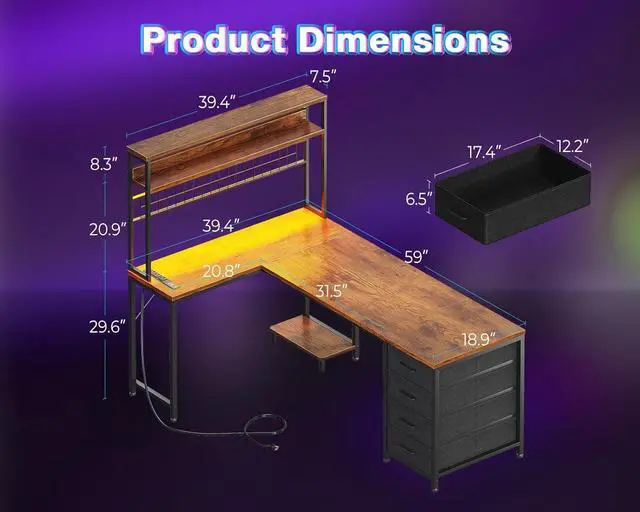 Alt view image 3 of 7 - AODK L Shaped Desk Gaming Desk with LED Light & Power Outlet, 59 Inch Reversible L Shaped Computer Table with 4 Drawers for Home Office, Vintage