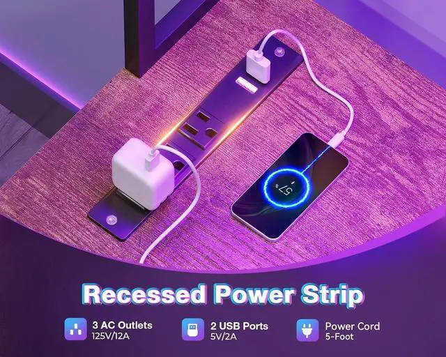 Alt view image 6 of 7 - AODK L Shaped Desk Gaming Desk with LED Light & Power Outlet, 59 Inch Reversible L Shaped Computer Table with 4 Drawers for Home Office, Vintage