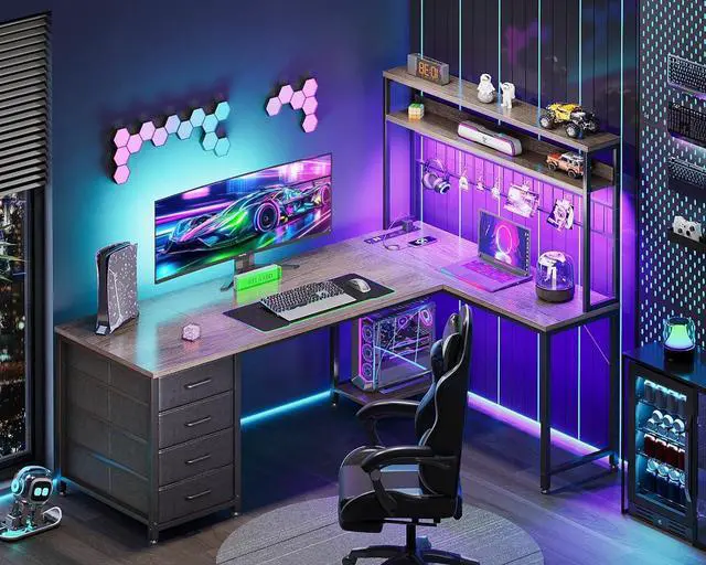 Alt view image 2 of 7 - AODK L Shaped Desk Gaming Desk with LED Light & Power Outlet, 59 Inch Reversible L Shaped Computer Table with 4 Drawers for Home Office, Grey