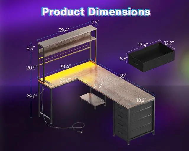 Alt view image 3 of 7 - AODK L Shaped Desk Gaming Desk with LED Light & Power Outlet, 59 Inch Reversible L Shaped Computer Table with 4 Drawers for Home Office, Grey