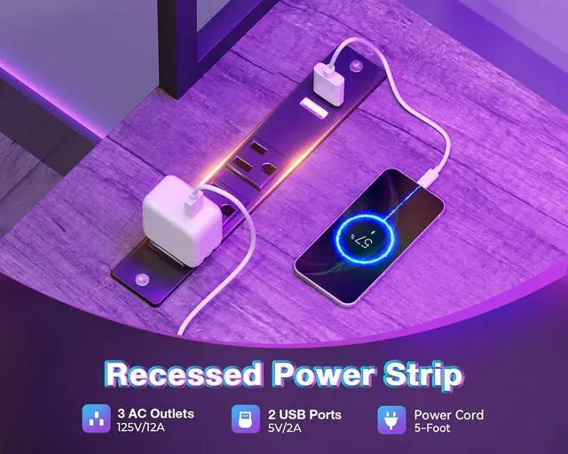 Alt view image 6 of 7 - AODK L Shaped Desk Gaming Desk with LED Light & Power Outlet, 59 Inch Reversible L Shaped Computer Table with 4 Drawers for Home Office, Grey