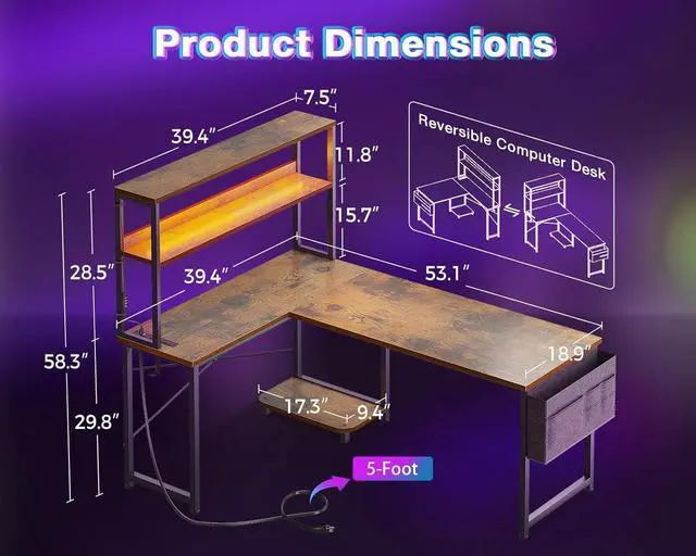 Alt view image 3 of 7 - AODK L Shaped Desk Gaming Desk with LED Light & Power Outlet, 53 Inch Reversible L Shaped Computer Table with Shelf & Storage Bag & Hook for Home Office, Vintage
