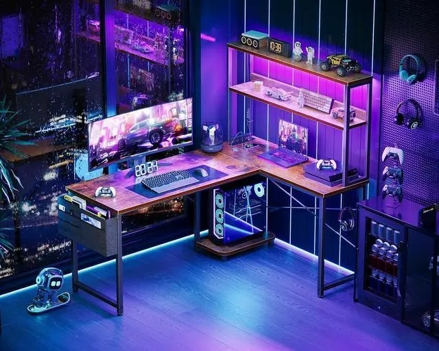 Alt view image 2 of 7 - AODK L Shaped Desk Gaming Desk with LED Light & Power Outlet, 53 Inch Reversible L Shaped Computer Table with Shelf & Storage Bag & Hook for Home Office, Vintage