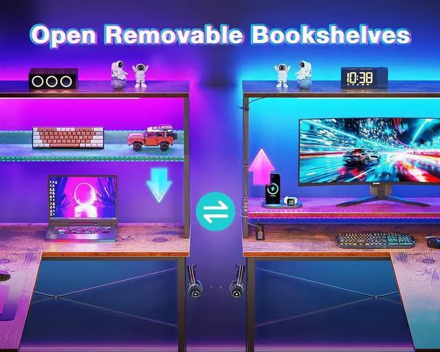 Alt view image 6 of 7 - AODK L Shaped Desk Gaming Desk with LED Light & Power Outlet, 53 Inch Reversible L Shaped Computer Table with Shelf & Storage Bag & Hook for Home Office, Vintage