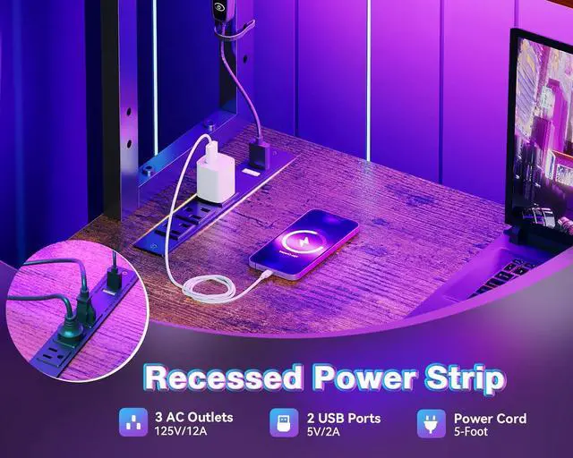 Alt view image 5 of 7 - AODK L Shaped Desk Gaming Desk with LED Light & Power Outlet, 53 Inch Reversible L Shaped Computer Table with Shelf & Storage Bag & Hook for Home Office, Vintage