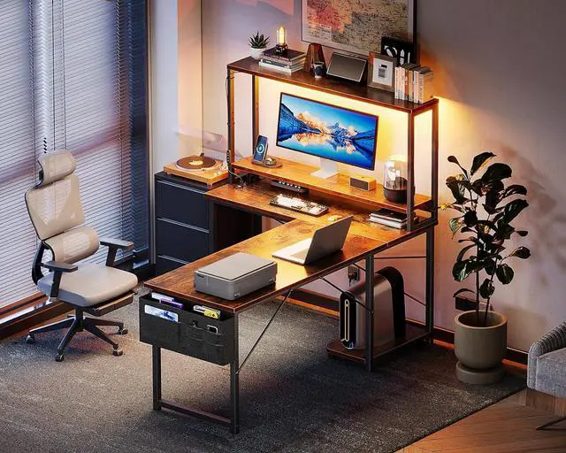 Alt view image 7 of 7 - AODK L Shaped Desk Gaming Desk with LED Light & Power Outlet, 53 Inch Reversible L Shaped Computer Table with Shelf & Storage Bag & Hook for Home Office, Vintage