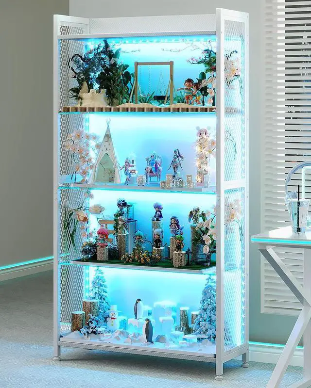 Main image of AODK Display Case with LED Lights, Display Cabinet with Glass Storage Shelves, 4-Tier Curio Cabinet for Collectibles with Open Shelf, White Book Shelf
