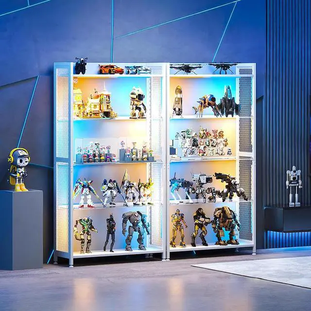 Alt view image 5 of 7 - AODK Display Case with LED Lights, Display Cabinet with Glass Storage Shelves, 4-Tier Curio Cabinet for Collectibles with Open Shelf, White Book Shelf
